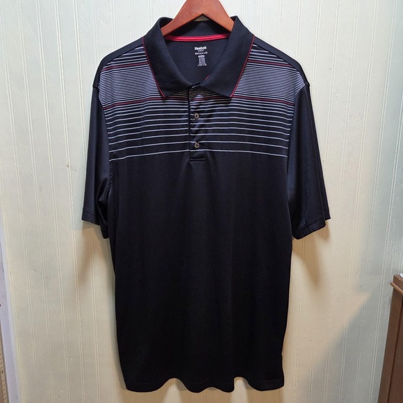 Reebok Polo Shirt Mens XLT Black Stripe PlayDry Golf 100% Polyester Tagless - Picture 2 of 7